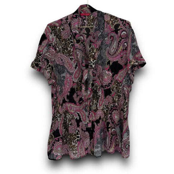 Y2K Sunny Leigh Plisse Paisley Print Short Sleeve Button Up Shirt, Tie Neck - Picture 6 of 6